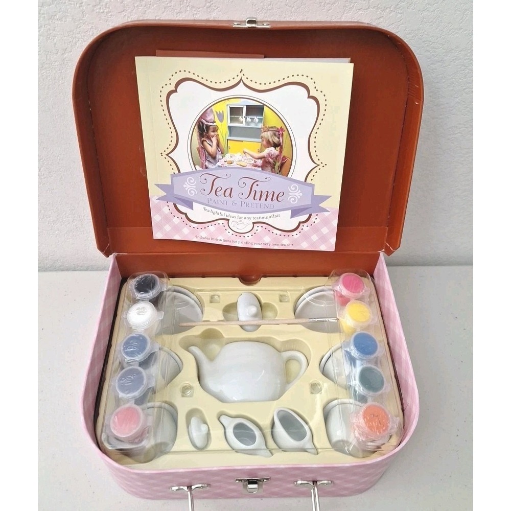 Children's Painting Kit Tea Set Cups Teapot Paint Paintbrush Book W/ Carry Case